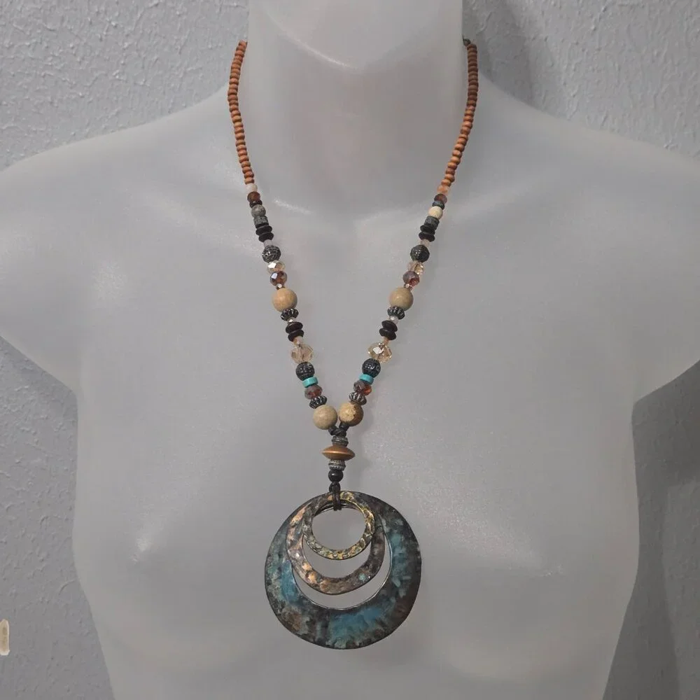 Bohemian Set: Long Blue and Brown Copper Medallion Necklace & Matching Earrings